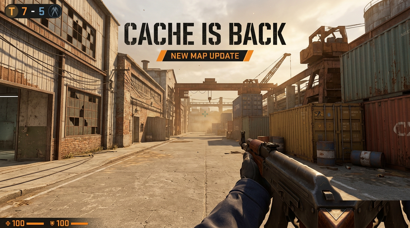 Counter-Strike 2 style industrial warehouse map with long mid lane and Cache Is Back overlay