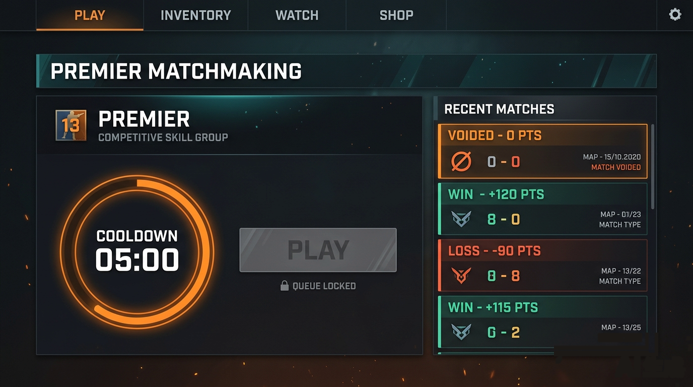 CS2 Premier queue after a voided match, showing the ranked cooldown timer and an empty spot in the recent match history